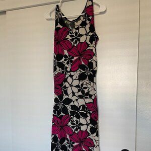 Floral Midi Dress – Pink & Black Bold Print, Size S/M (No Slit)
